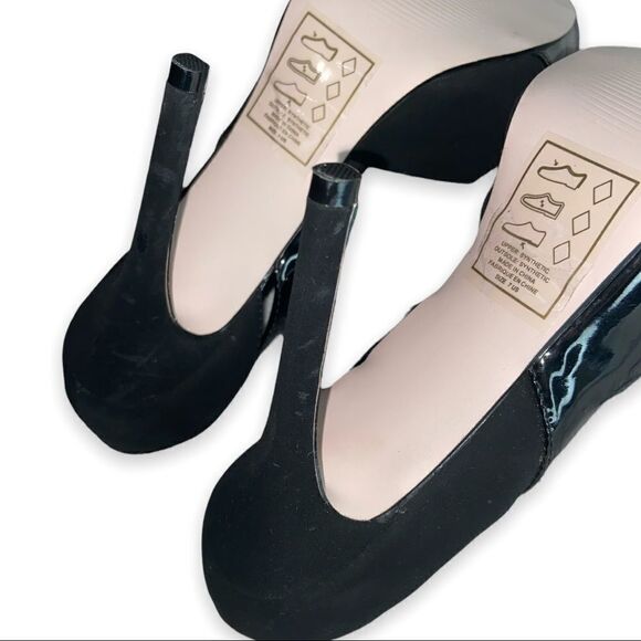 SS Signature by Sangria Black Faux Patent Leather Faux Suede Peep Toe Stilettos - Picture 13 of 14